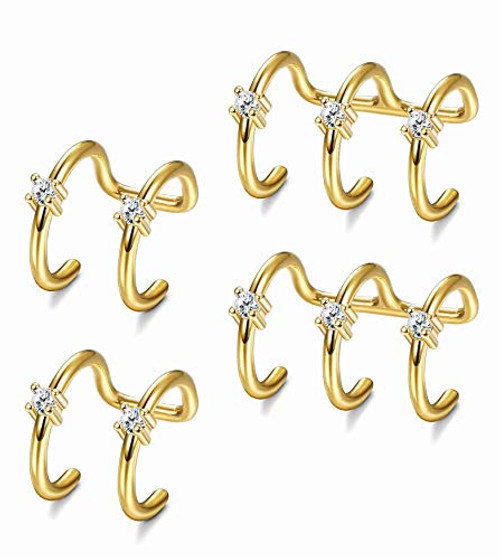Sllaiss 2 Pairs 925 Sterling Silver Ear Clips Set CZ Non Piercing Earrings Hoop Ear Cuffs Adjustable  Gold