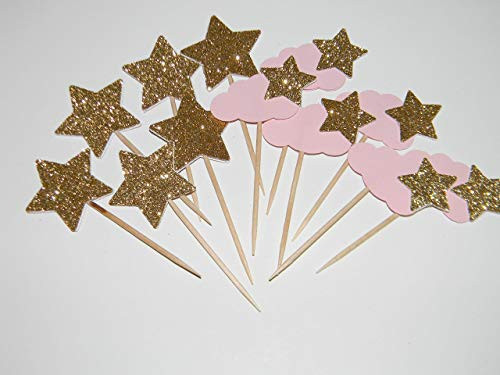 Twinkle Twinkle Litte Star and Cloud cupcake toppers - 24 count - Pink Clouds and Gold stars - birthday party baby shower decorations Twinkle Twinkle Litte Star and Cloud cupcake toppers - 24 count - Pink Clouds and Gold stars - birthday party baby shower decorations