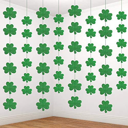 MAIAGO 12 Pcs St. Patricks Day Shamrock Decorations - NO DIY - St. Patricks Day Strings of Shamrocks - Lucky Irish Party Hanging Ornaments Garland