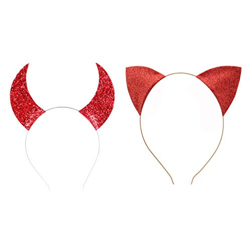 Lurrose 2Pcs Halloween Sequins Devil Horns Headbands Cat Ears Sequin Hair Hoops Cosplay Masquerade Props Holiday Party Headband Costume Dress up Accessories  Red