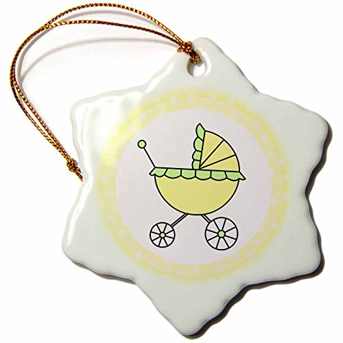3dRose ORN_6139_1 Yellow and Green Baby Carriage Design Snowflake Ornament, Porcelain, 3"