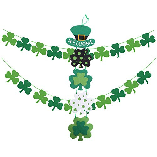 St. Patricks Day Decorations Sets Themed Hanging Welcome Sign and 2 Strings of Felt Shamrock Clover Garland Banner- St. Patrick s Day Banner Decor - St. Patrick s Day Garland Decorations