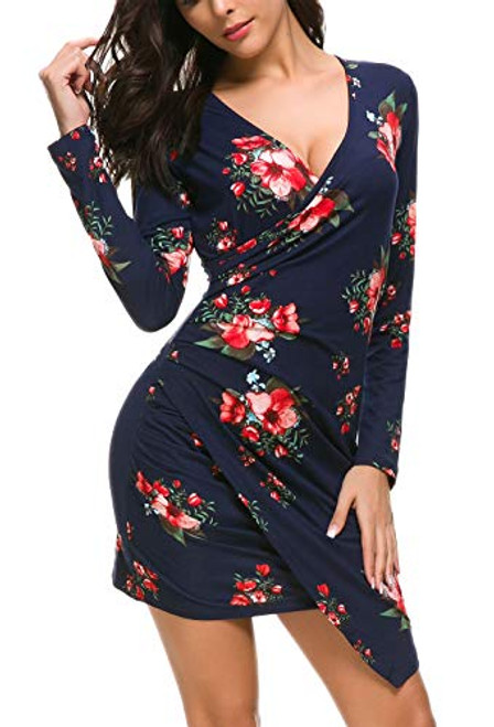 DGMYG Womens Wrap V Neck Velvet Dress Long Sleeve A line Bodycon Slim Cocktail Party Dresses XL Blue Floral DGMYG Womens Wrap V Neck Velvet Dress Long Sleeve A line Bodycon Slim Cocktail Party Dresses XL Blue Floral