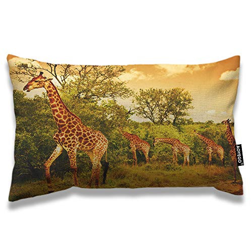 AOYEGO Giraffe Throw Pillow Cover 12x20 Inch African Safari Animals Walking in The Green Forest Savannah Wildlife Rectangle Pillow Cases Home Decorative Cotton Linen Cushion Cover for Bed Sofa