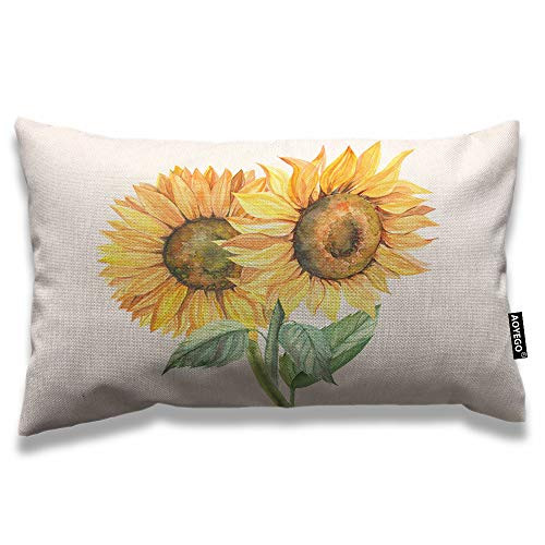 AOYEGO Sunflower Throw Pillow Cover 12x20 Inch Nature Watercolor Painting Floral Plant Leaves Rectangle Pillow Cases Home Decorative Cotton Linen Cushion Cover for Bed Sofa Yellow Green