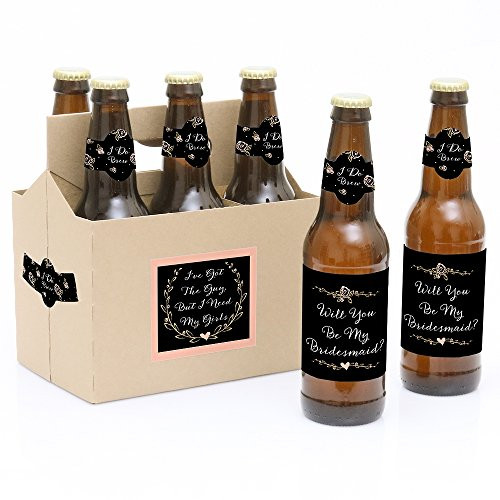 Best Day Ever - 6 Will You Be My Bridesmaid Beer Bottle Label Stickers and 1 Carrier