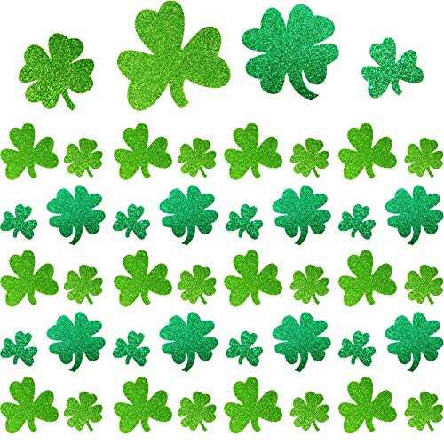 Zonon 46 Pieces Glitter St Patricks Day Cutouts Ornaments Green Shamrock Paperboard Irish Clover Paper Cutouts with Adhesive Dots for St Patricks Day Decoration
