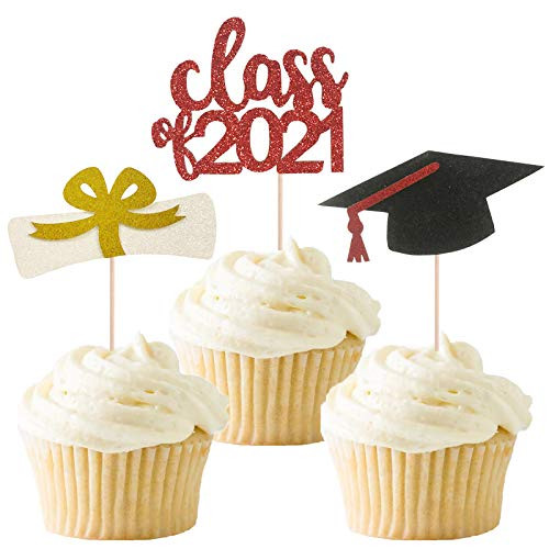 24Pcs Graduation Cupcake Toppers Class of 2021 Grad Cap Cupcake Toppers Glitter Food Picks Cake Decoration for Graduation Party Supplies Decorations