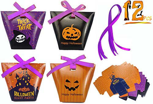 Halloween Candy Bags Treat Bags 12 Packs Halloween Paper Party Bags for Treat or Trick  and  Party Supplies Halloween Goodie Bags for Kids - Perfect Halloween Decorations 4 Different Pattern Designs