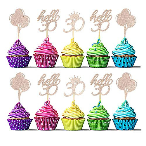 Sumerk 24 Pcs 30th Birthday Cupcake Toppers Rose Gold Glitter Hello 30 Cupcake Topper 30 Birthday Cupcake Picks Party Decoration Supplies