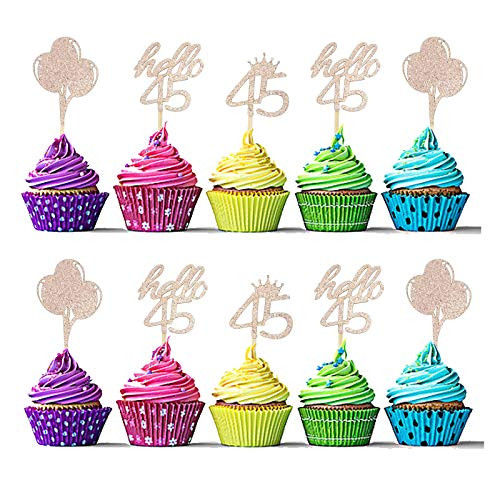 Sumerk 24 Pcs 45th Birthday Cupcake Toppers Rose Gold Glitter Hello 45 Cupcake Topper 45 Birthday Cupcake Picks Party Decoration Supplies