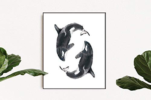 Orca Whale Painting - Orca Killer Marine Animal Art Print Beach Wall Decor Sea Life Monochrome Nautical Poster Anniversary Signed by Artist
