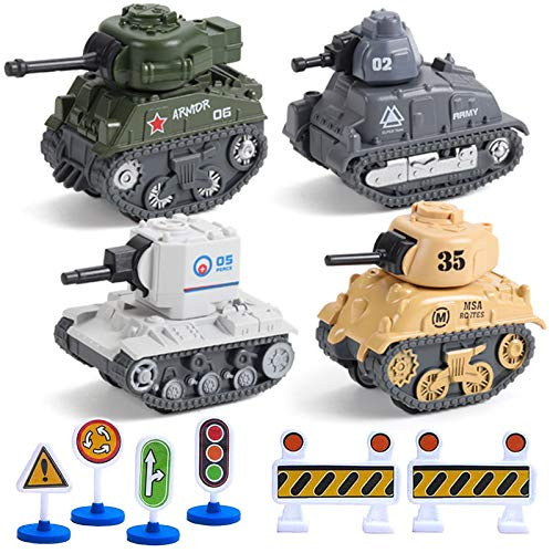 Urtoypia Friction Powered Army Tank Toys for Boys 4 Metal Diecast Military Vehicles Toy Tanks with 6 Roadblock Army Men Tank Pull Back Truck Car for Kids  Basic Color