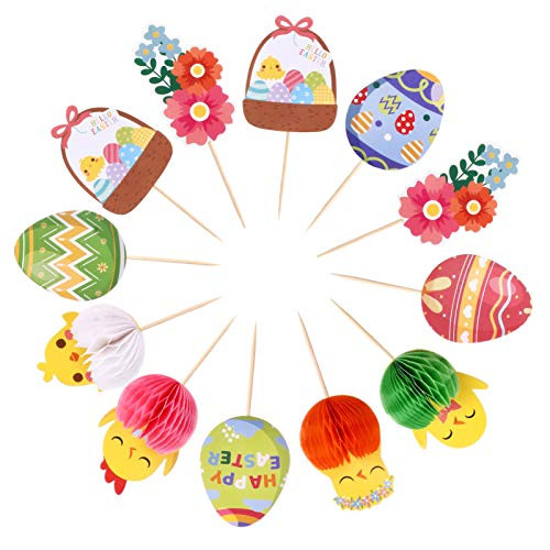 ABOOFAN 12Pcs Easter Egg Cupcake Topper Cartoon Chicken Flower Paper Cake Pick Dessert Toothpick Easter Party Fruit Appetizer Stick for Easter Cake Decor Mixed Color