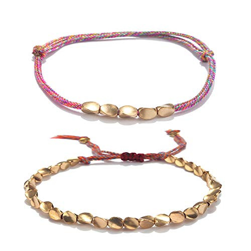 Houchu 2Pcs Tibetan Copper Bead Bracelets Handmade Copper Beads Braided Bracelet Buddhist Good Luck Bracelet Adjustable Size Lucky Rope Bracelet Gifts for Women and Men