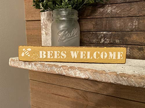 Bees Welcome Lath Sign - Mustard Yellow