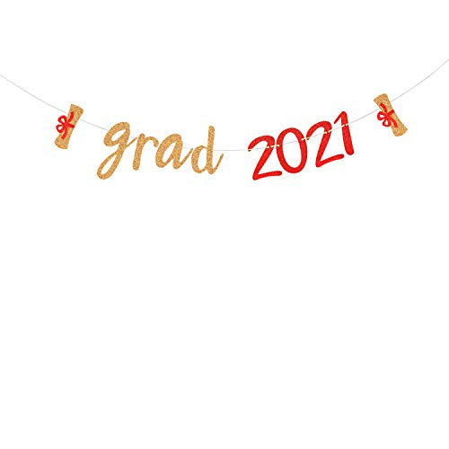 Gold  and  Red Glitter Grad 2021 Banner - Congrats Grad Banner - Class of 2021 Graduation Decorations High School College Graduate Party Decoration Supplies