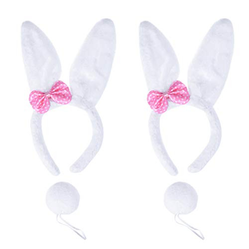 POPETPOP 4pcs White Bunny Costumes - 2 Sets Easter Bunny Ears Headband with Tail Funny Plush Rabbit Headband Tail Kit for Children and Large Dogs Cosplay Party Supplies