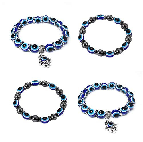 tenghong2021 4 Pcs Blue Beads Evil Eyes Bracelets Set Hamsa Hand of Fatima Lucky Charm Handmade Stretch Bracelets Turkish Evil Eye Braided Bracelets Bangles for Women Men Protection and Blessing