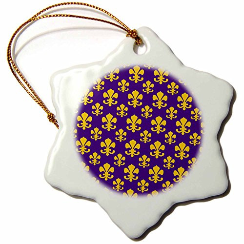 3dRose orn_31334_1 Fleur de lis Pattern in LSU colors Dark Purple and Canary Yellow-Snowflake Ornament, Porcelain, 3-Inch