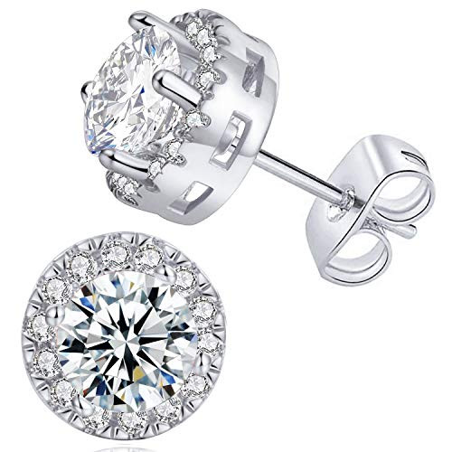 Halo Cubic Zirconia Earrings Hypoallergenic 14K White Gold Plated Stud for Women Men Simulated Diamond