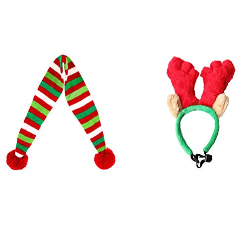 POPETPOP Cat Christmas Costume - Dog Elk Reindeer Antlers with Ears and Knit Scarf Set Dog Christmas Costume Accessories Pet Xmas Costume for Dogs Puppies Cats Pets - Small