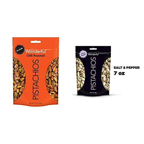Wonderful Pistachios No Shells Chili Roasted 5.5 Ounce Resealable Pouch and Salt and Pepper Flavored 7 Ounce Resealable Pouch Wonderful Pistachios No Shells Chili Roasted 5.5 Ounce Resealable Pouch and Salt and Pepper Flavored 7 Ounce Resealable Pouch