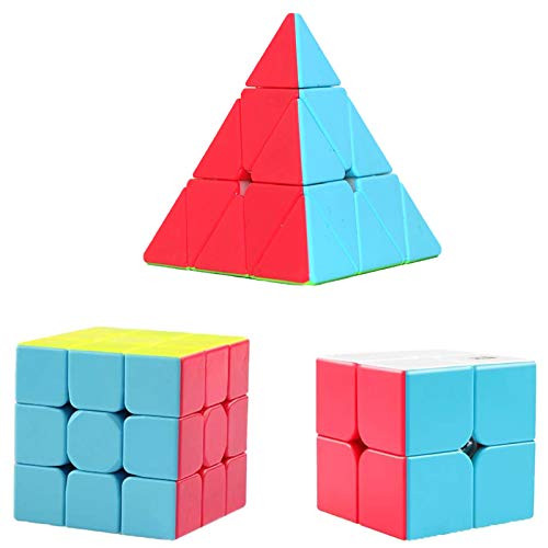 Speed Cube Set QiYi 3 Pack 2x2 Two Sides Cube Magic Speed Cube 3x3x3 Pyramid Cube 3x3 Stickerless Speed Cubes Bundle Collection Puzzles Toy for Child and Adults by AHYUAN