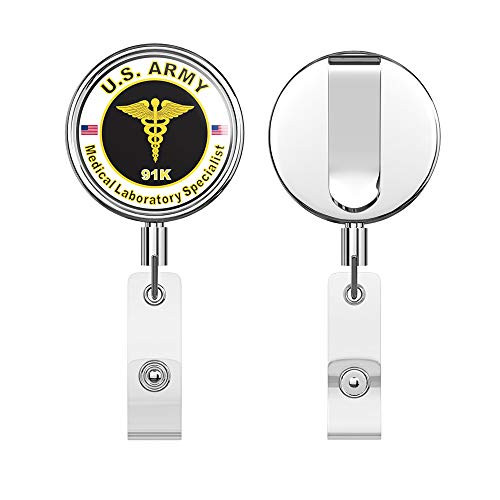 U.S. Army MOS 91K Medical Laboratory Specialist Round ID Badge Key Card Tag Holder Badge Retractable Reel Badge Holder with Belt Clip