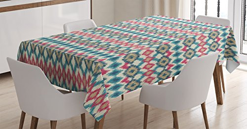 Ambesonne Ikat Tablecloth Colorful Zigzag Indigenous Lines Motifs Traditional Orient Exotic Design Dining Room Kitchen Rectangular Table Cover 52 inch X 70 inch Pink Blue