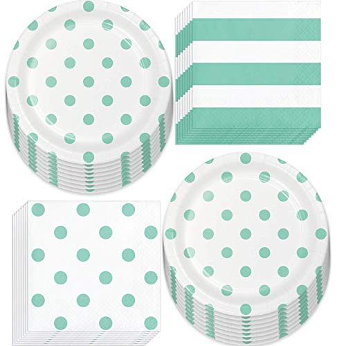 Mint Party Supplies - Polka Dots and Stripes Fresh Mint Paper Dessert Plates and Beverage Napkins  Serves 16