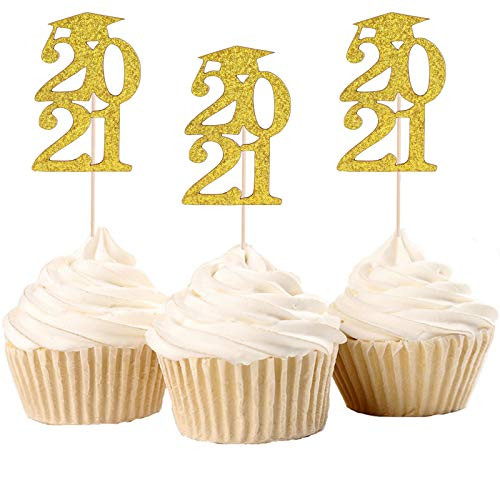 30 Pack Graduation Cupcake Toppers Gold Glitter Grad Cap 2021 Cupcake Toppers Food Picks Cake Decoration for Class of 2021 Graduation Party Decorations Supplies