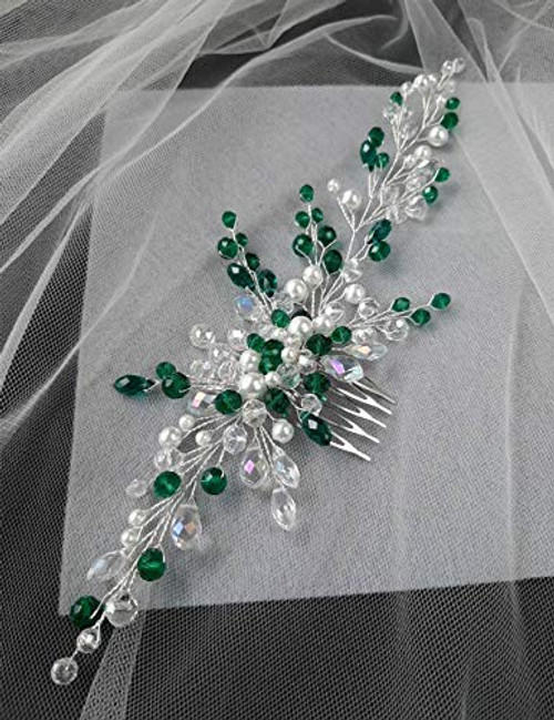 Aimimier Bridal Emerald Hair Vine with Comb Green Crystal and Pearl Hair Comb Boho Wedding Hair Accessories for Women and Girls