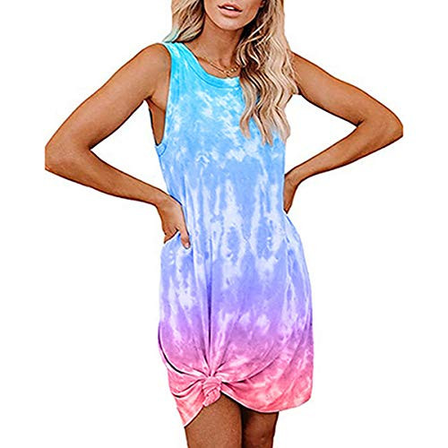 SCEINRET Womens Casual Tie Dye Short Dress Crew Neck Sleeveless Loose T Shirt Mini Dress Sky Blue L SCEINRET Womens Casual Tie Dye Short Dress Crew Neck Sleeveless Loose T Shirt Mini Dress Sky Blue L