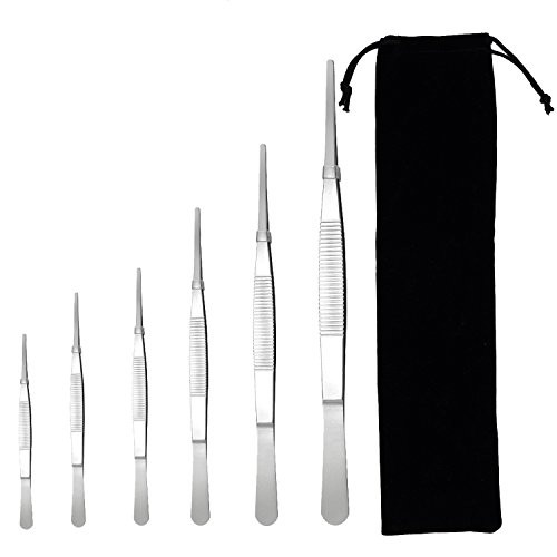 Kasteco 6 Pieces Tweezer Set Stainless Steel Long Straight Tweezers Plant Grass Garden Tweezers with Storage Bag, 6 Sizes, 11.8/9.8/7.9/6.3/5.5/4.9 Inches Long