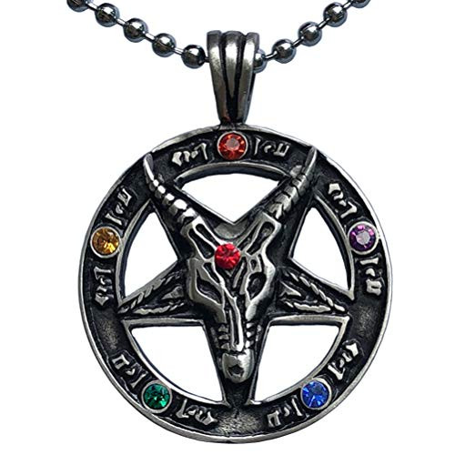 Inverted Pentagram Pentacle Star Church Of Satan Jewelry Sigil of Baphomet Devil Laveyan Lucifer Sabbtic Satanic Red Orange Purple Blue Green Yellow Infinity Stone Color Crystal Pewter Mens Pendant Necklace Charm Amulet Medallion with Silver Ball Ch