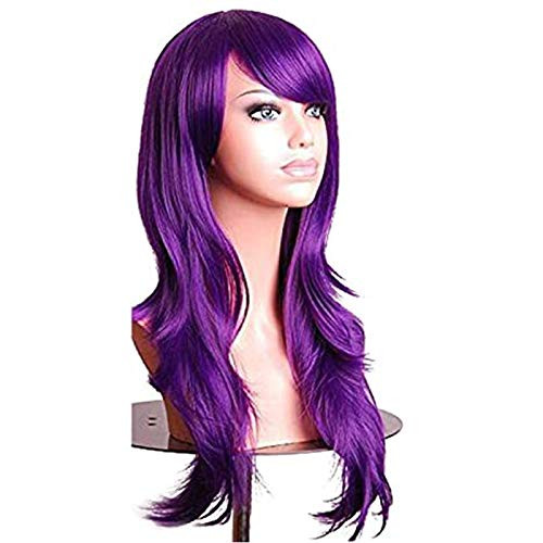 Purple Long Curly Wigs for Women Cosplay Costume Synthetic Hair with Bangs Heat Resistant Wavy Wig Halloween Party Costume 27Inch  Purple