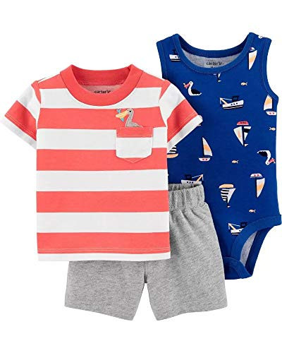 Carters Baby Boys 3-Piece Little Short Sets Hippo  Newborn Orange Navy