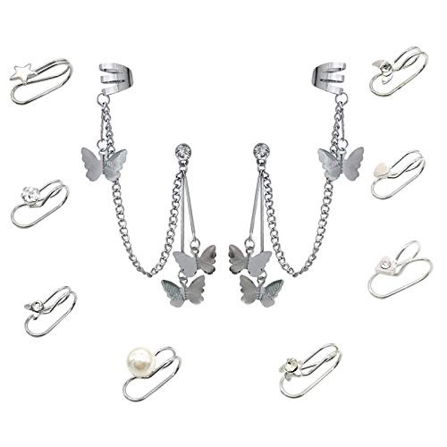 8PCS Cuff Chain Tassel Earrings for Women Girls Punk Ear Cuff Wrap Crawler Butterfly Draping Chain Stud Earrings Jewelry  A-9PCS