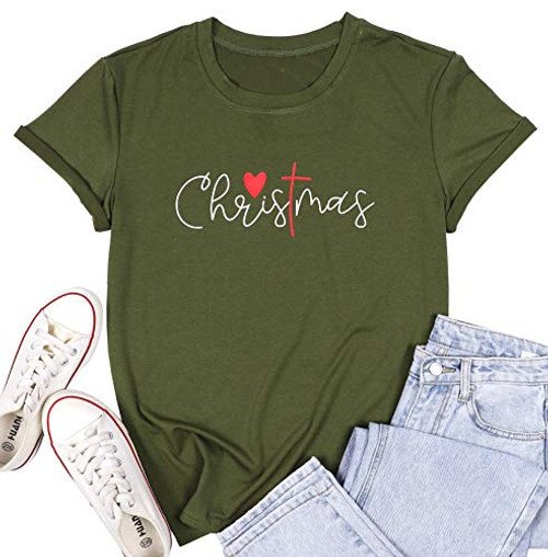 Merry Christmas Shirts for Women Xmas Heat Graphic Tshirts Christmas Letter Printed Causal Short Sleeve Tee Tops Green