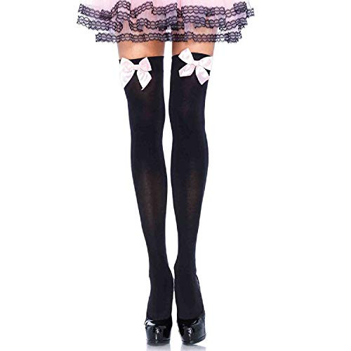Leg Avenue Womens Satin Bow Accent Thigh Highs Black Light Pink One Size