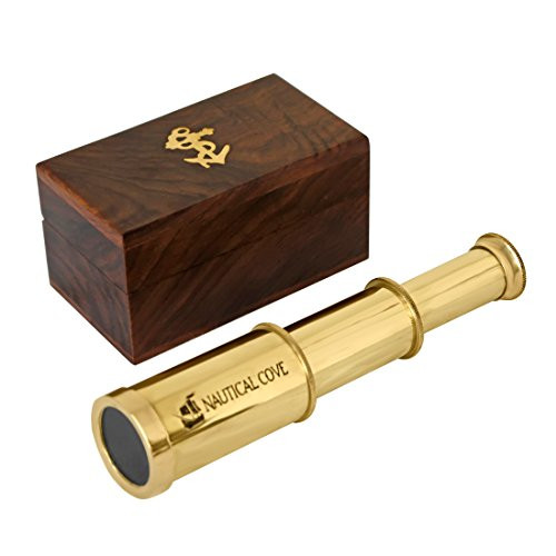 Nautical Cove Pirate Telescope Handheld Brass with Wooden Box For Kids, Props, and Costumes (6")