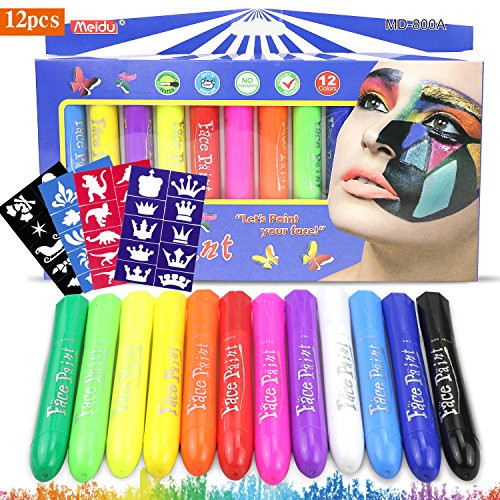 Buluri 12 Colors Face Paint Crayons with 4 Stencils, Face Painting Kits, Face Paint and Body Crayons, Safe & Non-Toxic Washable Face Paint, Face & Body Makeup For Parties, Cosplay, Birthday&Festivals