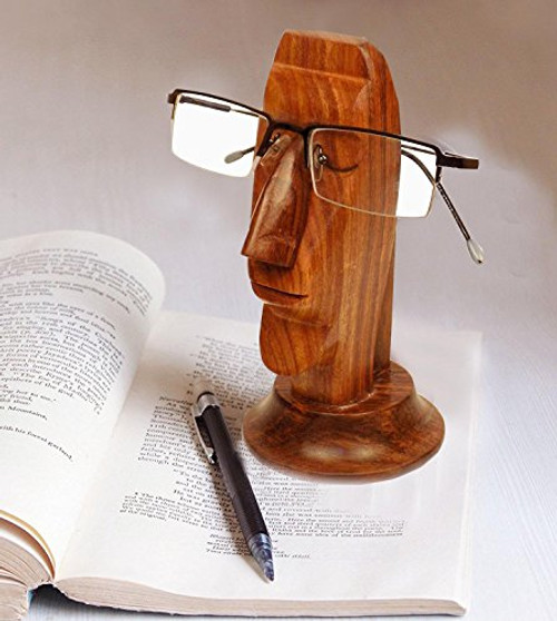 IndiaBigShop Wooden Hand Carved Classic Sheesham Wooden Face-Shaped Eyeglass Spectacle Holder Perfect For Home and Office Decor 6 Inch
