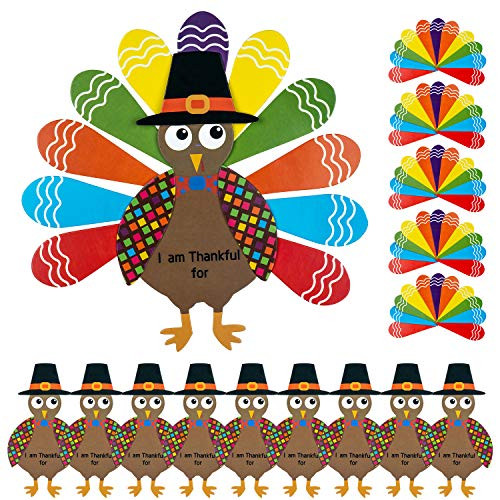 10 Pieces Thanksgiving Craft Turkey Paper Craft Kits with 110 Pieces Colorful Feathers and Adhesive Dots for Thanksgiving Party Craft Activities