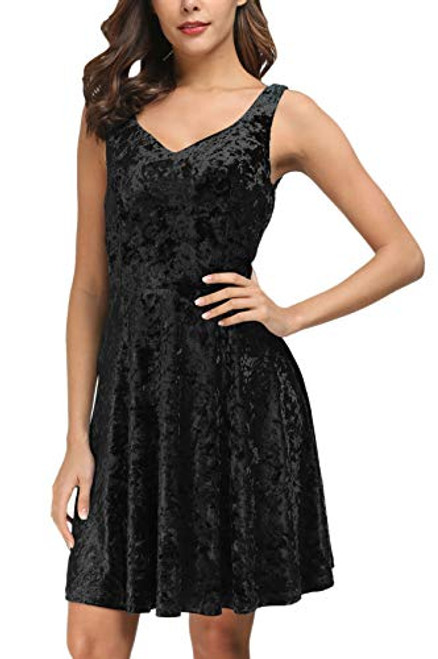 DGMYG Womens Sleeveless V Neck Sweetheart Flared Swing Cocktail Party Mini Dress S Black DGMYG Womens Sleeveless V Neck Sweetheart Flared Swing Cocktail Party Mini Dress S Black