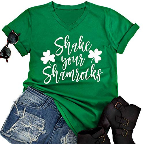 Shake Your Shamrocks Funny St. Patricks Day Irish T-Shirt Women V-Neck Letter Print Cute Shamrock Shirt Tee Tops Size M  Green