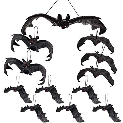 12 Pieces Simulation Hanging Bats Halloween Realistic Looking Scary BatsFake Rubber Hanging Vampire Bats for Halloween Realistic Hanging Bats 4 Assorted Sizes