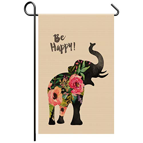 HABILY Elephant Garden Flag Vertical Double Sided Be Happy Burlap Yard Flags Welcome House Flag 12.5 x 18 Inch for Summer Spring Yard Outdoor Decor