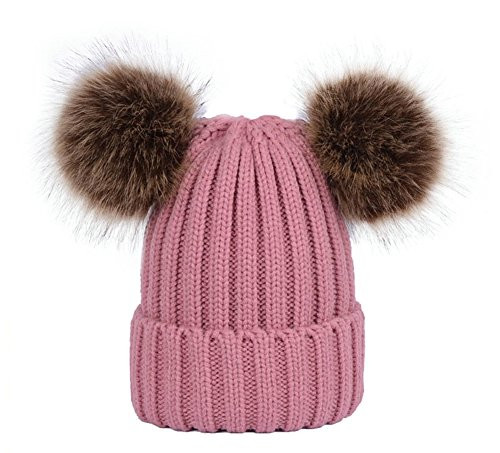 wanture Winter Womens Winter Knit Wool Beanie Hat with Double Faux Fur Pom Pom Ears Pink